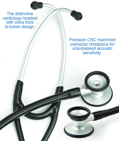 Cardiology headsets are angled for comfort and have a reinforced Y yoke. The ADC Cardiology stethoscopes have a precision-machined combination chestpiece for unsurpassed sensitivity to low- and high- frequency sounds.