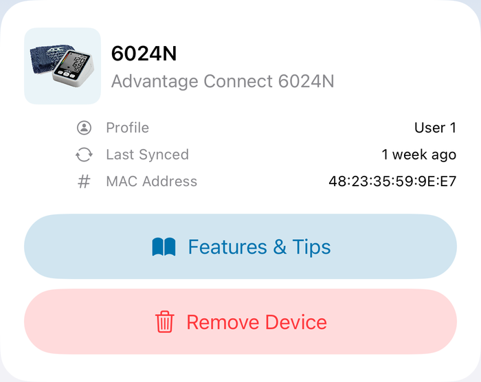 ADC @Home My Devices card for a paired Advantage Connect 6024N monitor showing its profile, last sync, and Features & Tips