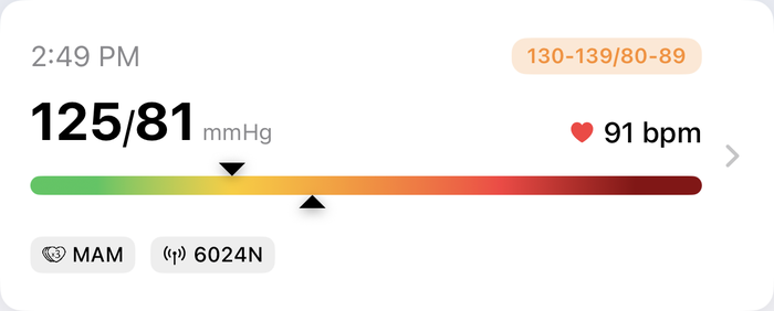 ADC @Home reading showing 125 over 81 with its category badge, color scale, and Multiple Average Measurement indicator from a paired 6024N monitor