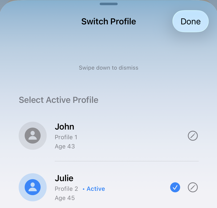 ADC @Home Switch Profile screen showing two household profiles