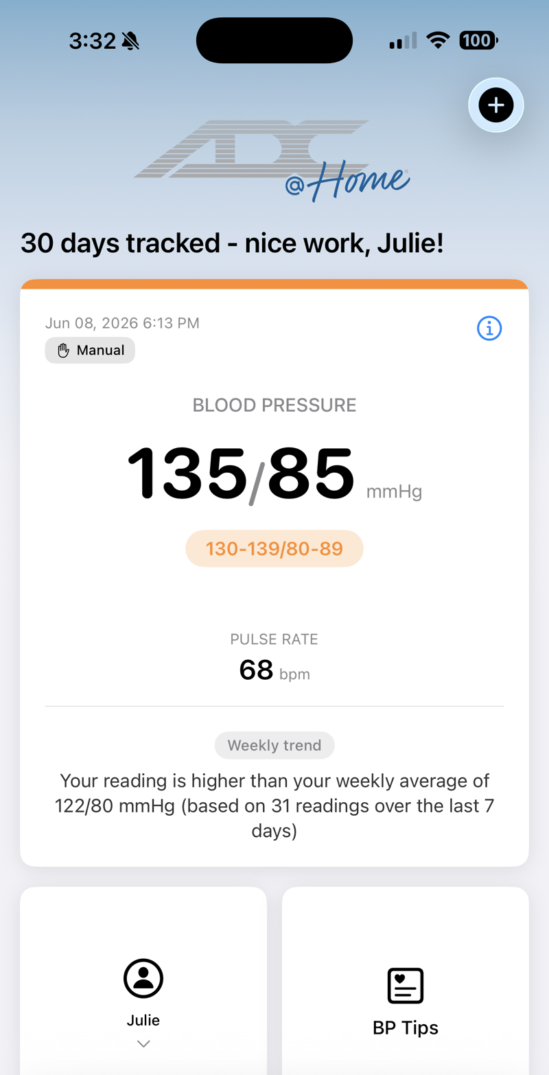 ADC @Home home screen showing a blood pressure reading of 135 over 85