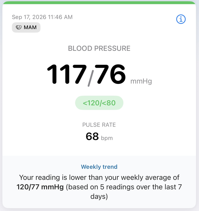 ADC @Home reading detail showing a Normal blood pressure reading of 117 over 76