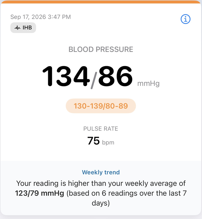 ADC @Home reading detail showing a Hypertension Stage 1 reading of 134 over 86