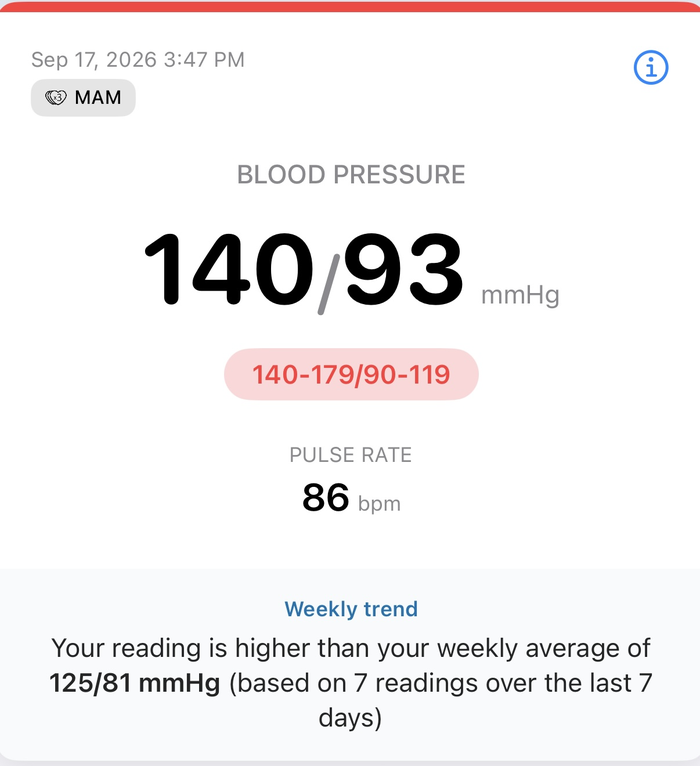 ADC @Home reading detail showing a Hypertension Stage 2 reading of 140 over 93